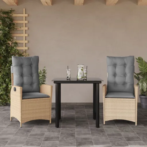 Conjunto de Jantar p/ Jardim com Almofadões Vime PE Bege (3 pcs)