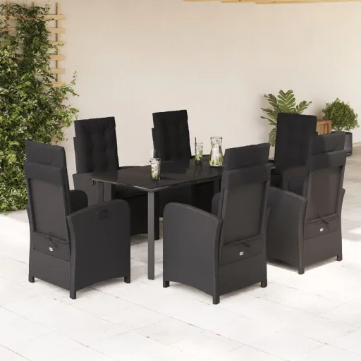 Conjunto de Jantar p/ Jardim c/ Almofadões Vime PE Preto (7 pcs)