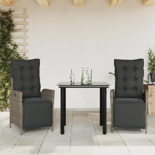 Conjunto de Jantar p/ Jardim c/ Almofadões Vime PE Cinza (3 pcs)