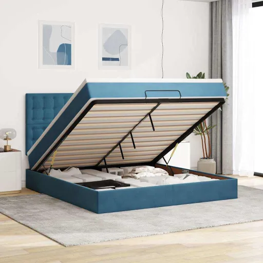 Estrutura de Cama Otomana com Colchão Azul Escuro Veludo