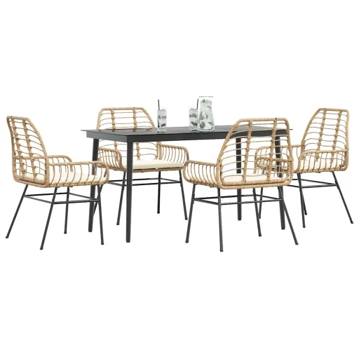 Conjunto Jantar Jardim 5 Peças Almofadas Vidro Vime PE Castanho