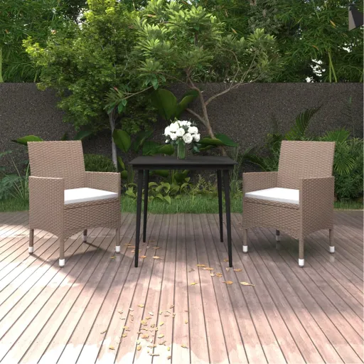Conjunto de Jantar p/ Jardim c/Almofadões Vime PE e Vidro (3 pcs)