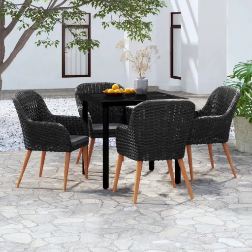Conjunto de Jantar p/ Jardim c/ Almofadões Preto (5 pcs)
