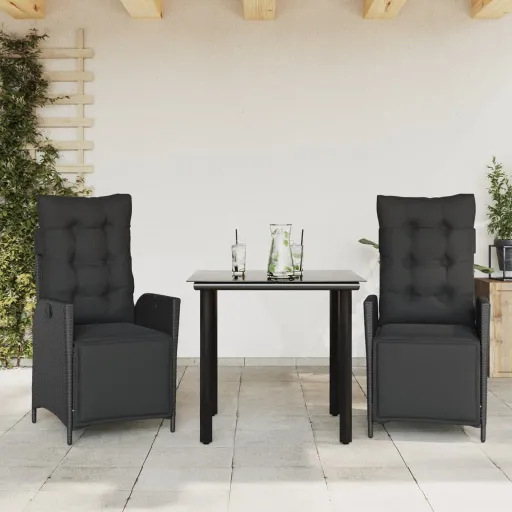 Conjunto de Jantar p/ Jardim c/ Almofadões Vime PE Preto (3 pcs)