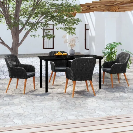 Conjunto de Jantar p/ Jardim c/ Almofadões Preto (5 pcs)