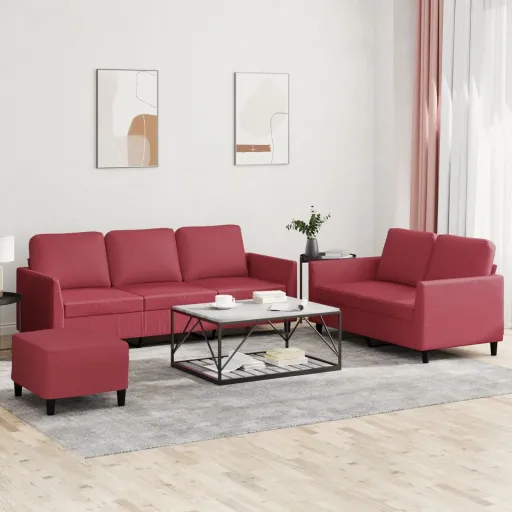 Conjunto Sofás c/ Almofadões Couro Artif. Vermelho Tinto (3 pcs)