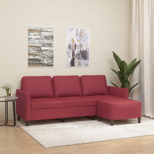Sofá 3 Lugares c/ Apoio Pés 180 cm Couro Artif. Vermelho Tinto
