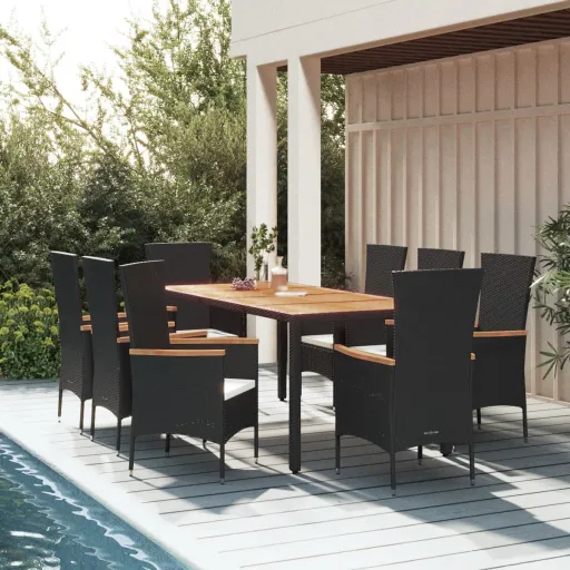 Conjunto de Jantar p/ Jardim c/ Almofadões Vime PE Preto (9 pcs)