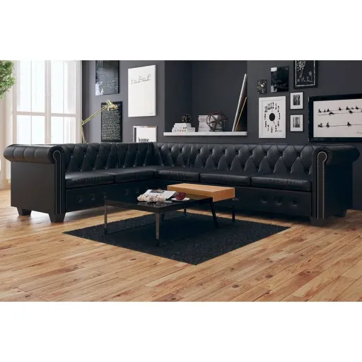 Sofá de Canto Chesterfield 6 Lugares Couro Artificial Preto