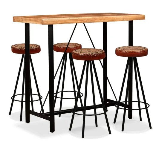Conjunto de Bar   em Madeira Acácia, Couro Genuíno e Lona (5 pcs)