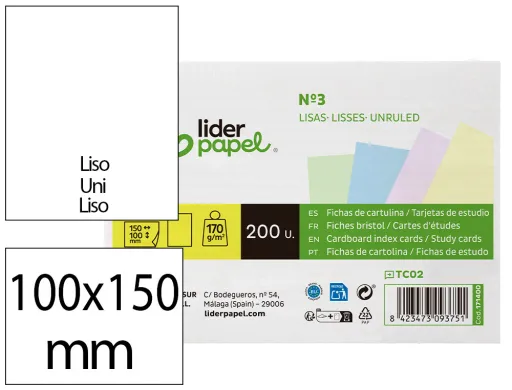 Cartao Liderpapel para Estudar Liso Cartolina de Cores 180 gr 100x150mm Embalagem de 200 Unidades