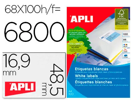 Etiquetas Adesivas Apli 01282 Medidas 48,5x169 mm para Fotocopiadora Laser Tinteiro Caixa de 100 f Dina4 6800 Etiquetas