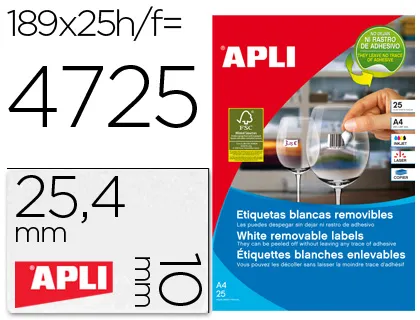 Etiquetas Adesivas Apli 10198 Formato 25,4x10 mm Removivel para Fotocopia Laser Tinteiro Caixa 25 Folhas