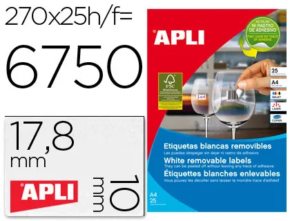 Etiquetas Adesivas Apli 10197 Formato 17,8x10 mm Removivel para Fotocopia Laser Tinteiro Caixa 25 Folhas