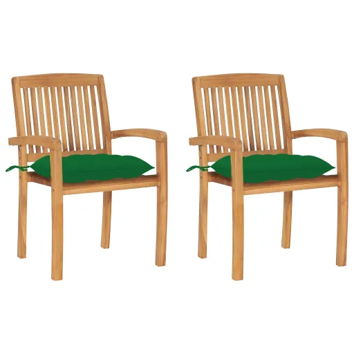 Cadeiras de Jardim c/ Almofadões Verdes   Teca Maciça (2 pcs)