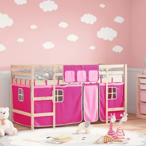 Cama Alta p/ Criança c/ Cortinas 80x200 cm Pinho Maciço Rosa