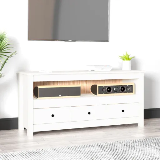 Móvel de TV 114x35x52 cm Madeira de Pinho Maciça Branco