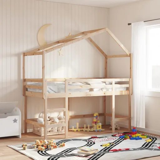 Cama Alta c/ Escada e Telhado 90x190 cm Pinho Maciço