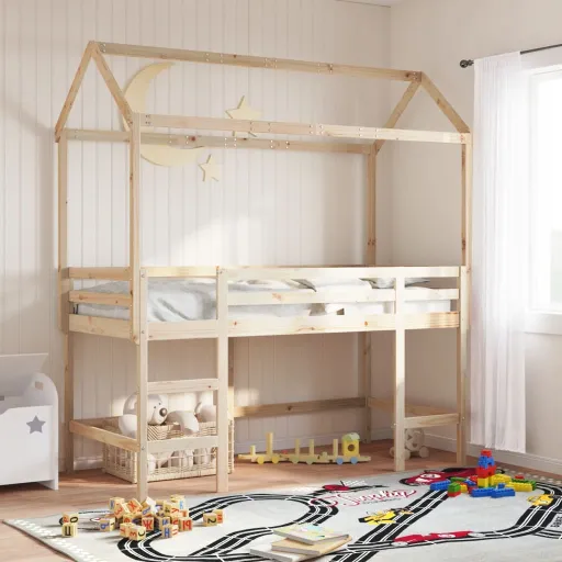 Cama Alta c/ Escada e Telhado 80x200 cm Pinho Maciço
