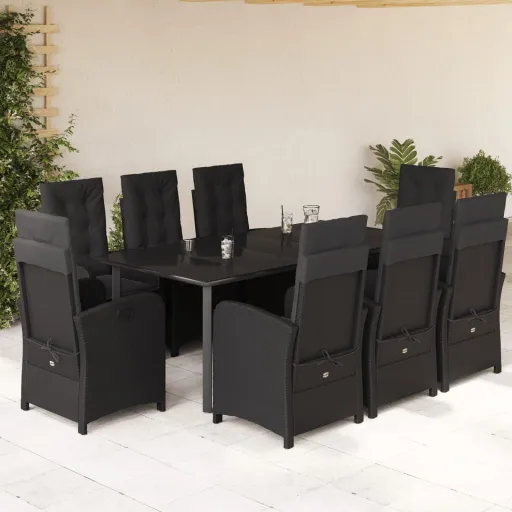 Conjunto de Jantar p/ Jardim c/ Almofadões Vime PE Preto (9 pcs)