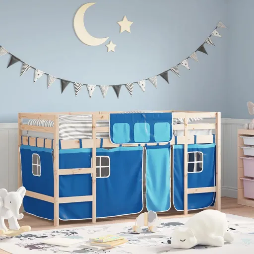 Cama Alta p/ Criança c/ Cortinas 80x200 cm Pinho Maciço Azul