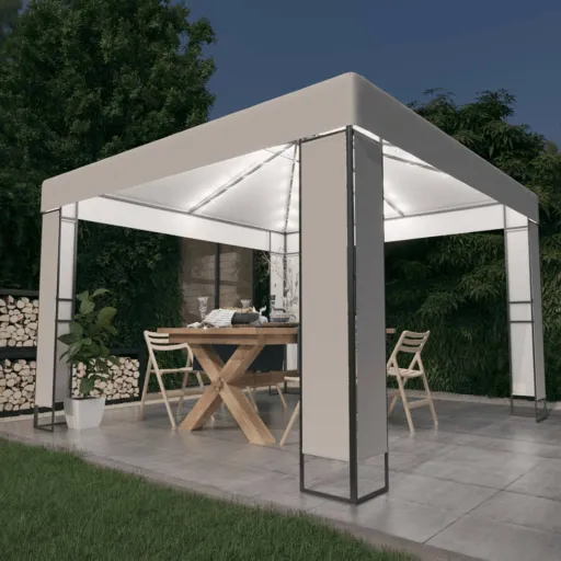 Gazebo com Toldo Duplo e Cordões de Luzes LED 3x3 m Branco