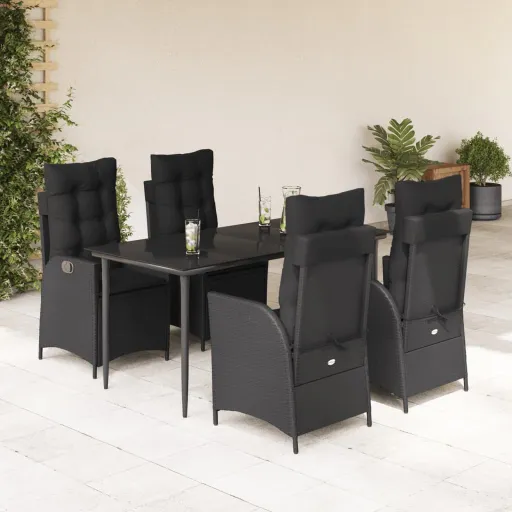 Conjunto de Jantar p/ Jardim c/ Almofadões Vime PE Preto (5 pcs)