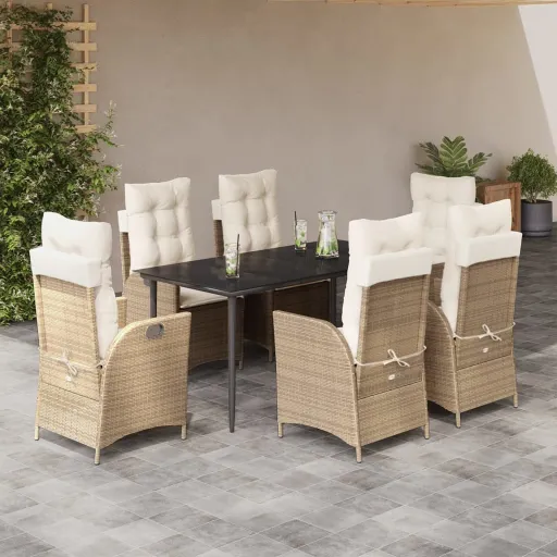 Conjunto de Jantar p/ Jardim com Almofadões Vime PE Bege (7 pcs)