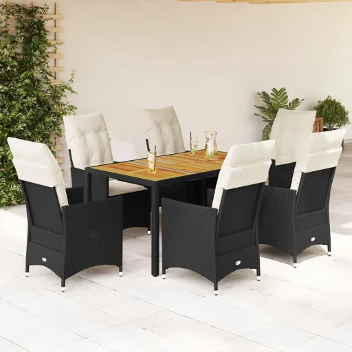 Conjunto de Jantar p/ Jardim c/ Almofadões Vime PE Preto (7 pcs)