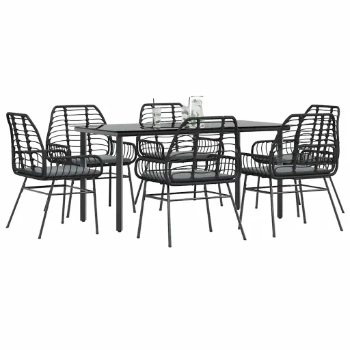 Conjunto de Jantar Jardim 7 Peças Almofadas Vidro Vime PE Preto