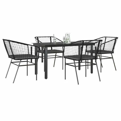 Conjunto de Jantar Jardim 5 Peças Almofadas Vidro Vime PE Preto