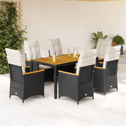 Conjunto de Jantar p/ Jardim c/ Almofadões Vime PE Preto (7 pcs)