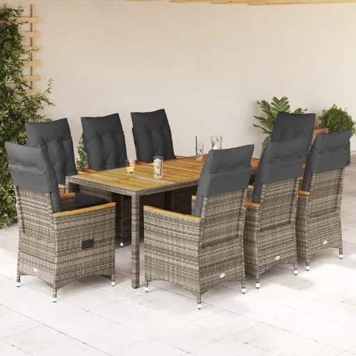 Conjunto de Jantar p/ Jardim c/ Almofadões Vime PE Cinza (9 pcs)