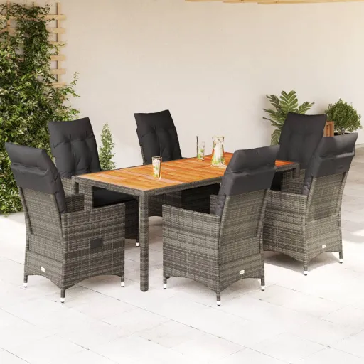 Conjunto de Jantar p/ Jardim c/ Almofadões Vime PE Cinza (7 pcs)