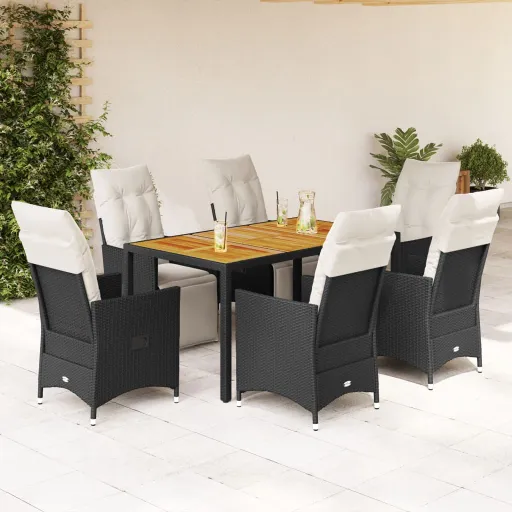 Conjunto de Jantar p/ Jardim c/ Almofadões Vime PE Preto (7 pcs)