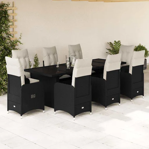 Conjunto de Bistrô p/ Jardim c/ Almofadões Vime PE Preto (9 pcs)