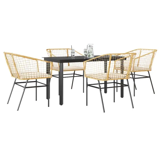 Conjunto Jantar Jardim 5 Peças Almofadas Vidro Vime PE Castanho