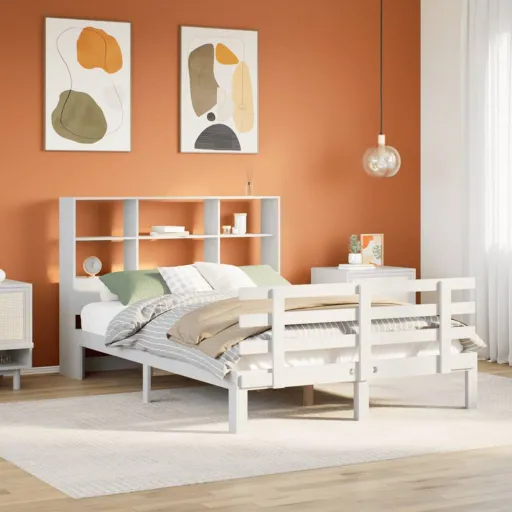 Cama com Estante Sem Colchão 140x190 cm Pinho Maciço Branco