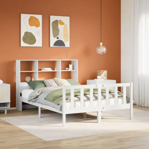 Cama com Estante Sem Colchão 140x200 cm Pinho Maciço Branco