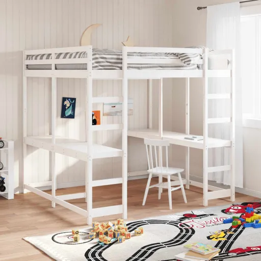 Cama Alta c/ Secretária e Escada 180x200 cm Pinho Maciço Branco