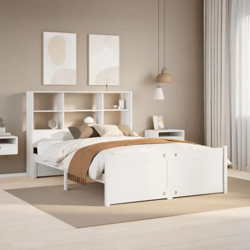 Cama com Estante Sem Colchão 140x190 cm Pinho Maciço Branco