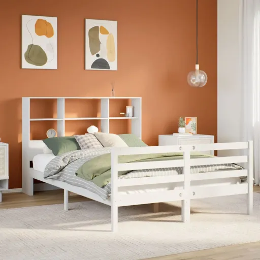 Cama com Estante Sem Colchão 140x190 cm Pinho Maciço Branco