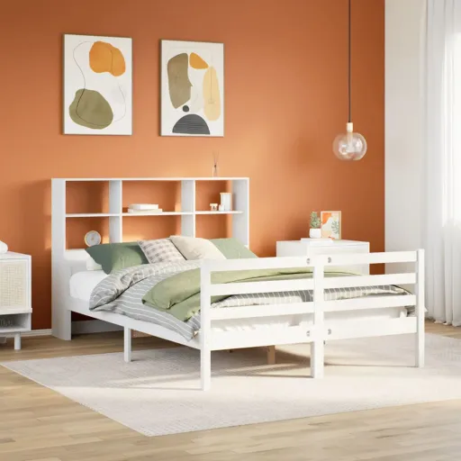 Cama com Estante Sem Colchão 140x200 cm Pinho Maciço Branco