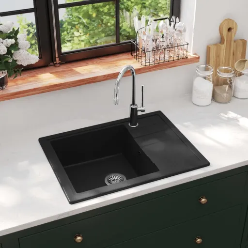 Lava-Louça Cozinha Orifício Extravasamento Oval Granito Preto