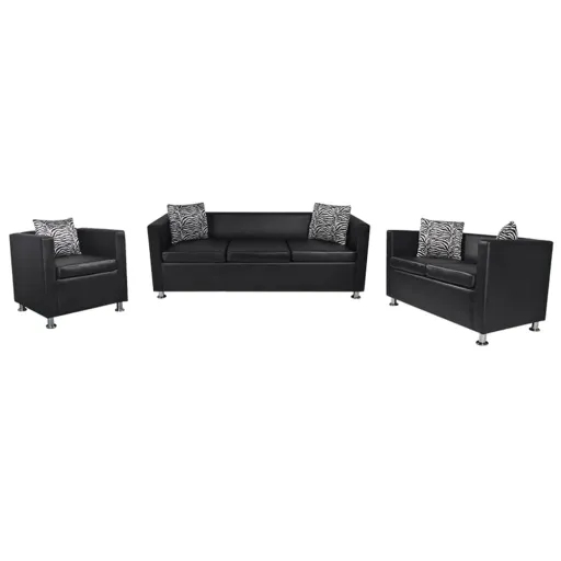 Conjunto Sofás de 2 e 3 Lugares + Poltrona Couro Artific. Preto