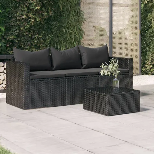 Sofá de Jardim 3 Lugares com Almofadões Vime PE Preto