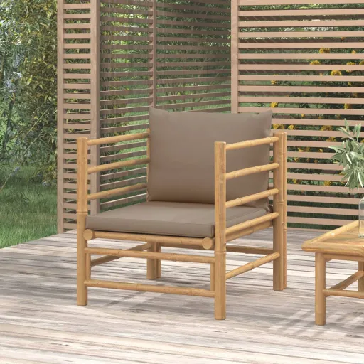 Sofá de Jardim Bambu com Almofadões Cinzento-Acastanhado