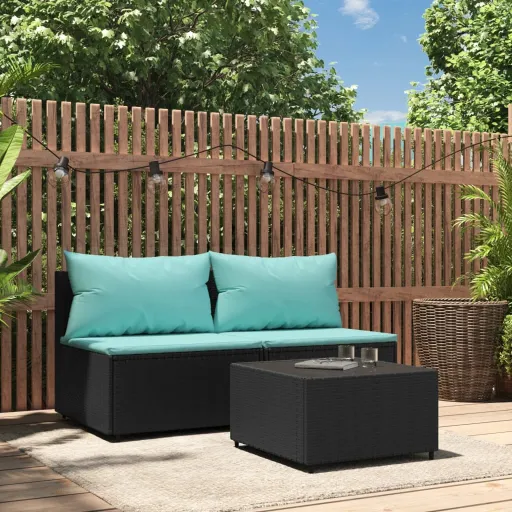 Conjunto Lounge de Jardim c/ Almofadões Vime PE Preto (3 pcs)