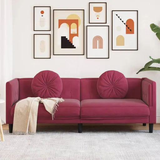 Sofá com Almofadões 3 Lugares Veludo Vermelho Tinto