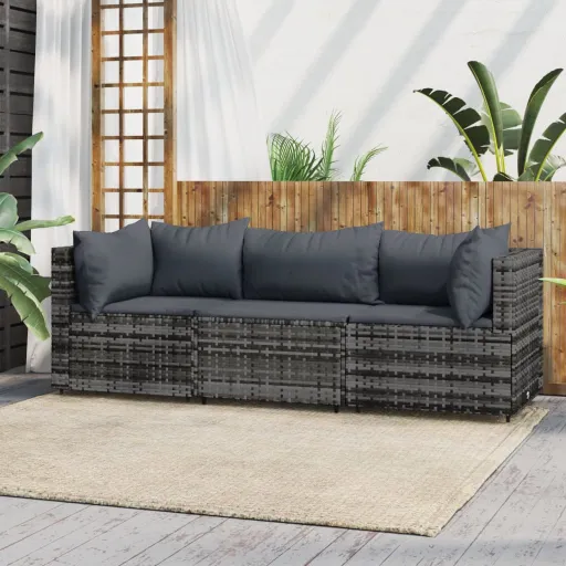 Conjunto Lounge de Jardim c/ Almofadões Vime PE Cinzento (3 pcs)